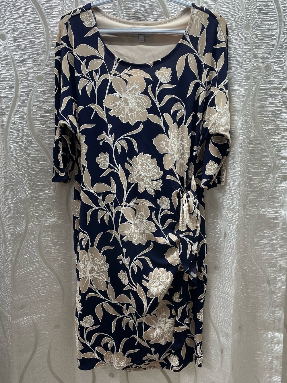 Signature by Robbie Bee Floral Sheath Dress Womens L Navy Tan Side Knot